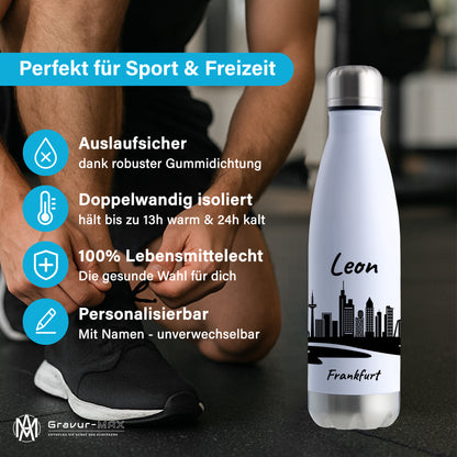 Trinkflasche in Weiß/Silber 500ml aus Edelstahl bedruckt mit der Skyline von Frankfurt personalisierbar mit Wunschname