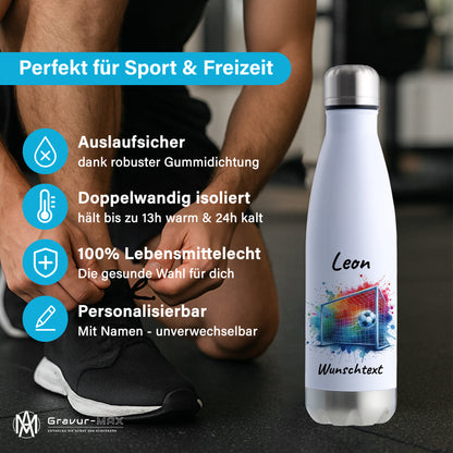 Thermoflasche 500ml in Weiß/Silber aus Edelstahl bedruckt "Fußball" Motiv5 personalisierbar mit Wunschname & Text