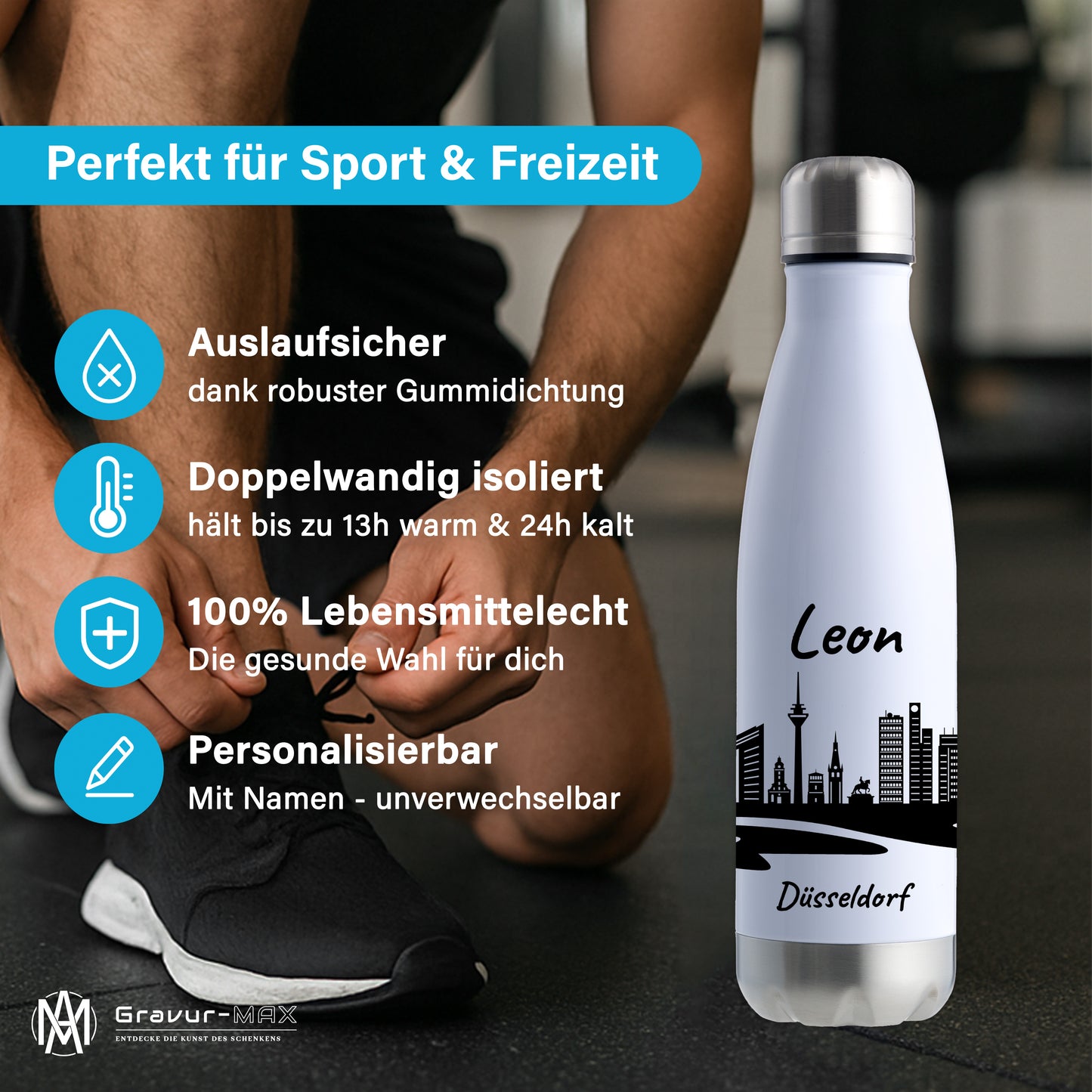 Trinkflasche in Weiß/Silber 500ml aus Edelstahl bedruckt mit der Skyline von Düsseldorf personalisierbar mit Wunschname