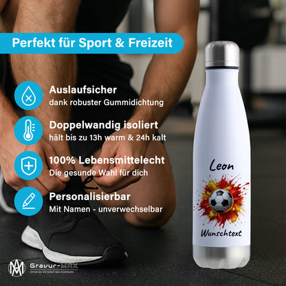 Thermoflasche 500ml in Weiß/Silber aus Edelstahl bedruckt "Fußball" Motiv9 personalisierbar mit Wunschname & Text