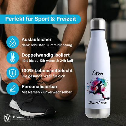 Thermoflasche 500ml in Weiß/Silber aus Edelstahl bedruckt "Fußball" Motiv4 personalisierbar mit Wunschname & Text