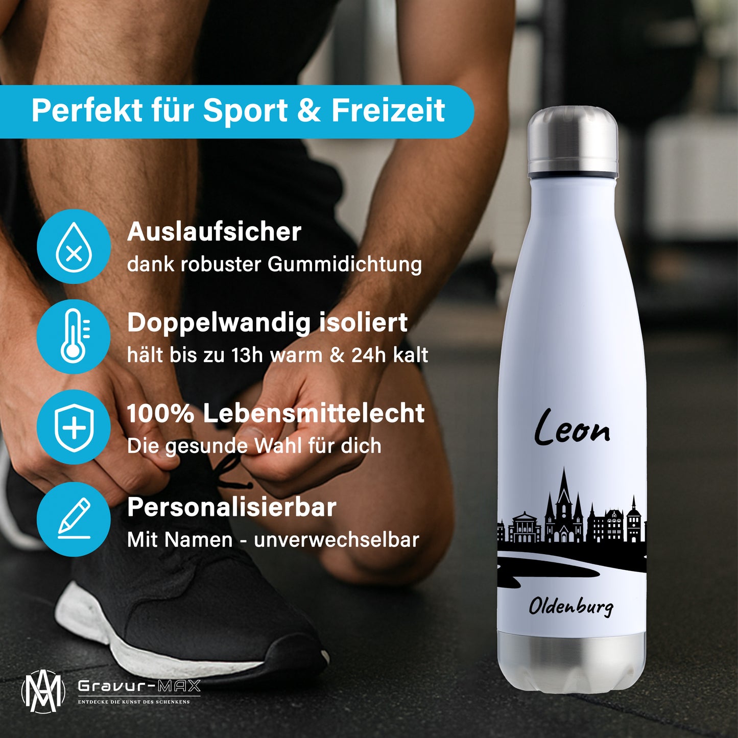 Trinkflasche in Weiß/Silber 500ml aus Edelstahl bedruckt mit der Skyline von Oldenburg personalisierbar mit Wunschname