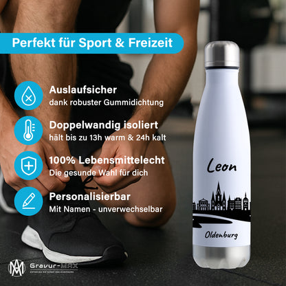 Trinkflasche in Weiß/Silber 500ml aus Edelstahl bedruckt mit der Skyline von Oldenburg personalisierbar mit Wunschname