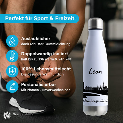 Trinkflasche in Weiß/Silber 500ml aus Edelstahl bedruckt mit der Skyline von Mönchengladbach personalisierbar mit Wunschname