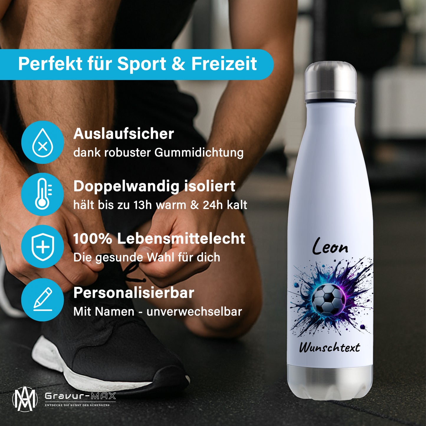 Thermoflasche 500ml in Weiß/Silber aus Edelstahl bedruckt "Fußball" Motiv10 personalisierbar mit Wunschname & Text