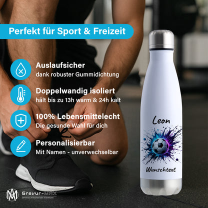 Thermoflasche 500ml in Weiß/Silber aus Edelstahl bedruckt "Fußball" Motiv10 personalisierbar mit Wunschname & Text