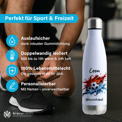 Thermoflasche 500ml in Weiß/Silber aus Edelstahl bedruckt "Fußball" Motiv12 personalisierbar mit Wunschname & Text