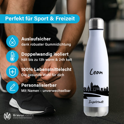 Trinkflasche in Weiß/Silber 500ml aus Edelstahl bedruckt mit der Skyline von Ingolstadt personalisierbar mit Wunschname