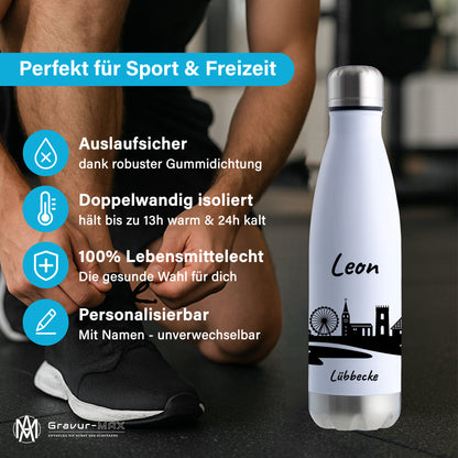 Trinkflasche in Weiß/Silber 500ml aus Edelstahl bedruckt mit der Skyline von Lübbecke personalisierbar mit Wunschname