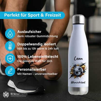 Thermoflasche 500ml in Weiß/Silber aus Edelstahl bedruckt "Fußball" Motiv13 personalisierbar mit Wunschname & Text