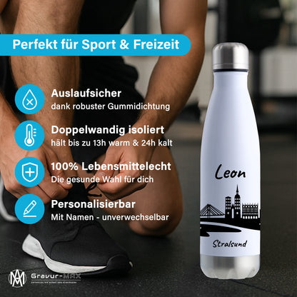 Trinkflasche in Weiß/Silber 500ml aus Edelstahl bedruckt mit der Skyline von Stralsund personalisierbar mit Wunschname
