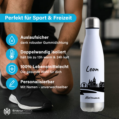 Trinkflasche in Weiß/Silber 500ml aus Edelstahl bedruckt mit der Skyline von Mettmann personalisierbar mit Wunschname