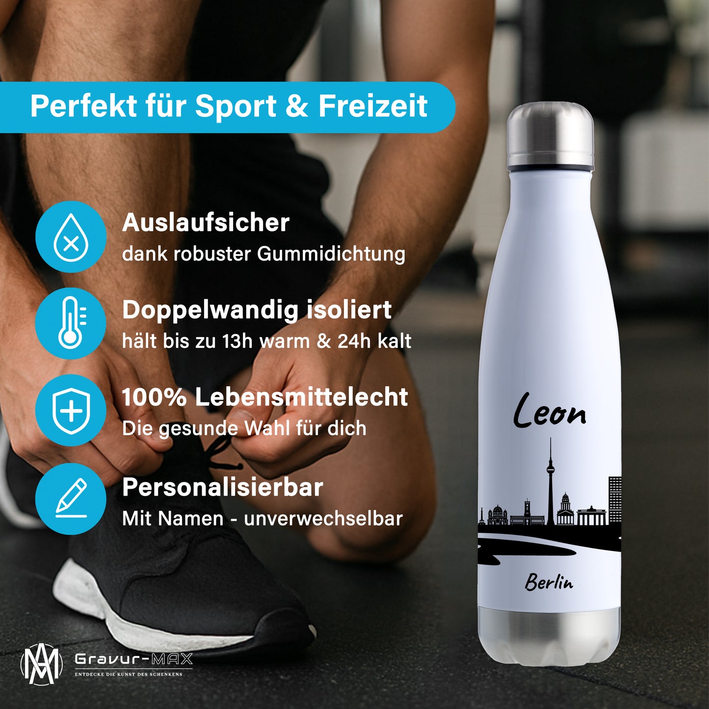 Trinkflasche in Weiß/Silber 500ml aus Edelstahl bedruckt mit der Skyline von Berlin personalisierbar mit Wunschname
