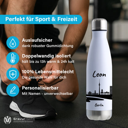 Trinkflasche in Weiß/Silber 500ml aus Edelstahl bedruckt mit der Skyline von Berlin personalisierbar mit Wunschname