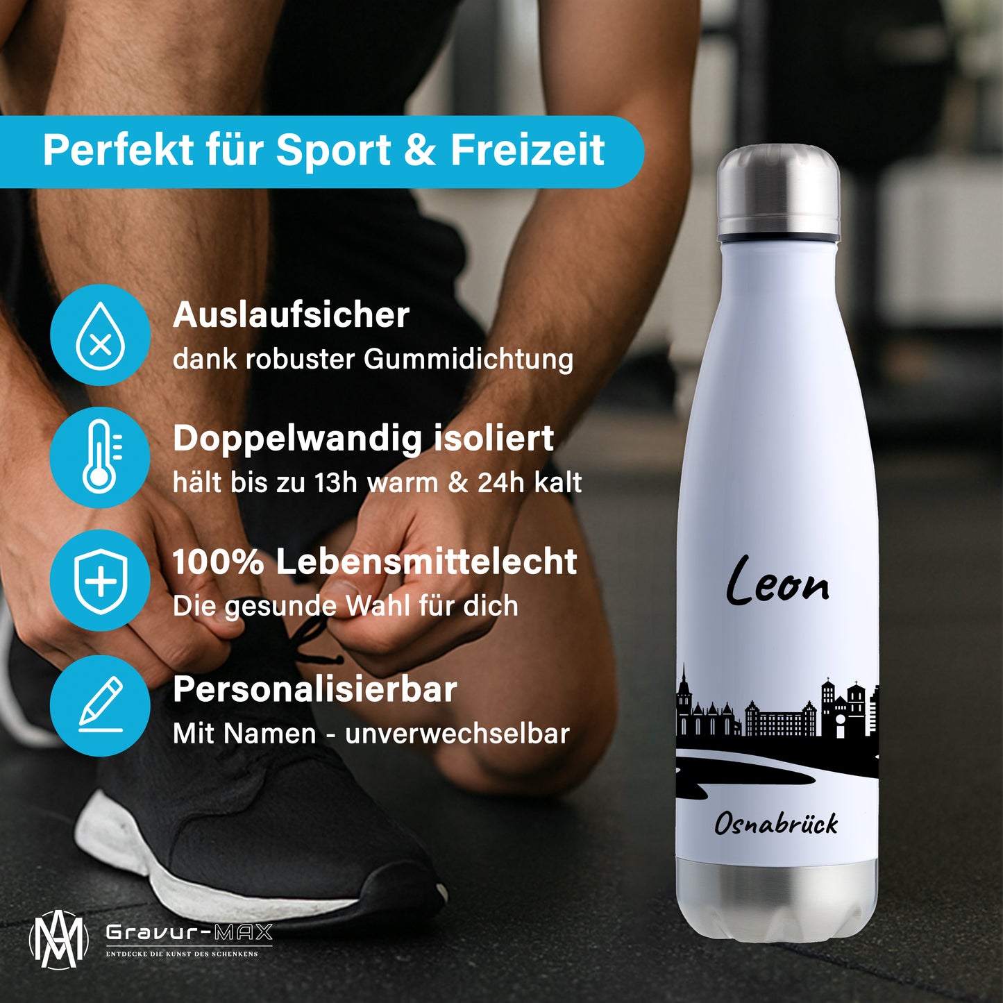 Trinkflasche in Weiß/Silber 500ml aus Edelstahl bedruckt mit der Skyline von Osnabrück personalisierbar mit Wunschname