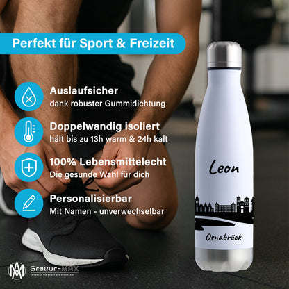 Trinkflasche in Weiß/Silber 500ml aus Edelstahl bedruckt mit der Skyline von Osnabrück personalisierbar mit Wunschname