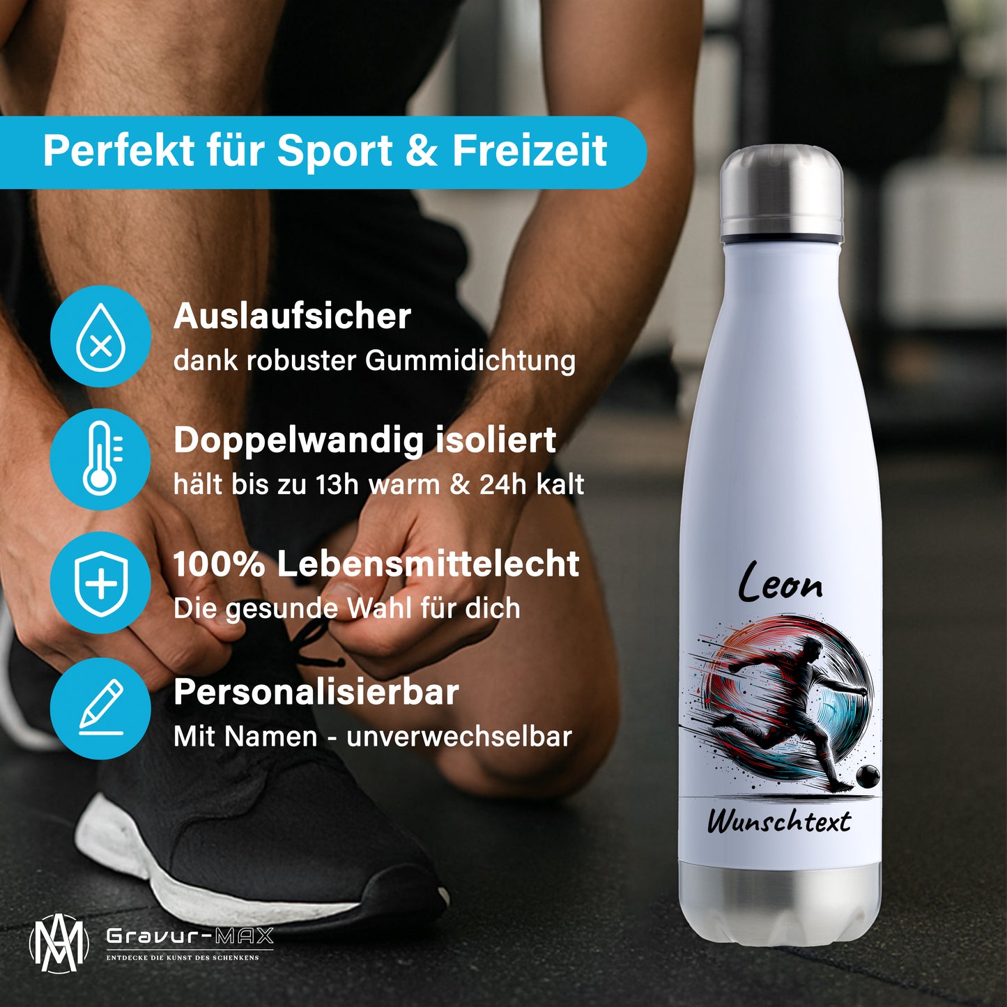 Thermoflasche 500ml in Weiß/Silber aus Edelstahl bedruckt "Fußball" Motiv3 personalisierbar mit Wunschname & Text