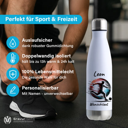 Thermoflasche 500ml in Weiß/Silber aus Edelstahl bedruckt "Fußball" Motiv3 personalisierbar mit Wunschname & Text