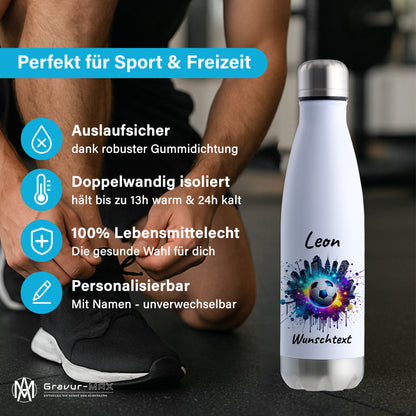 Thermoflasche 500ml in Weiß/Silber aus Edelstahl bedruckt "Fußball" Motiv7 personalisierbar mit Wunschname & Text