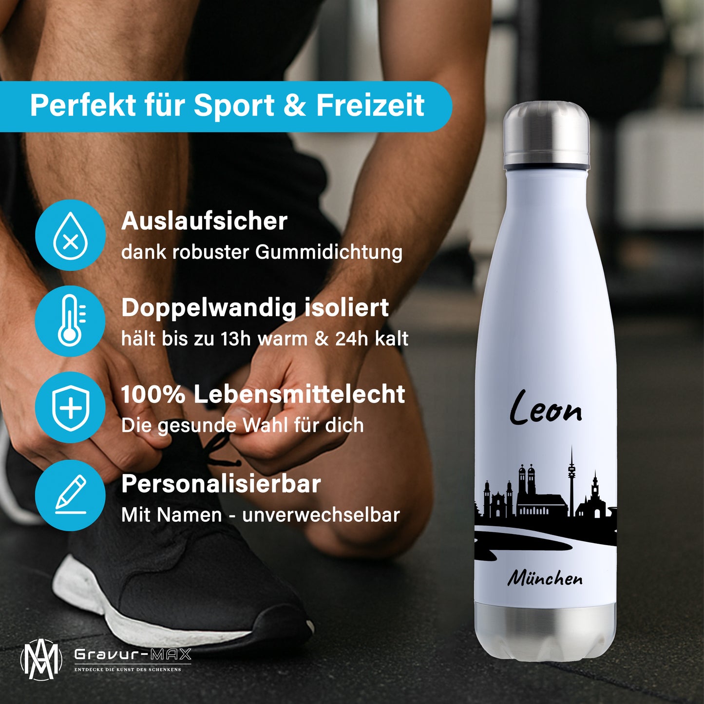 Trinkflasche in Weiß/Silber 500ml aus Edelstahl bedruckt mit der Skyline von München personalisierbar mit Wunschname