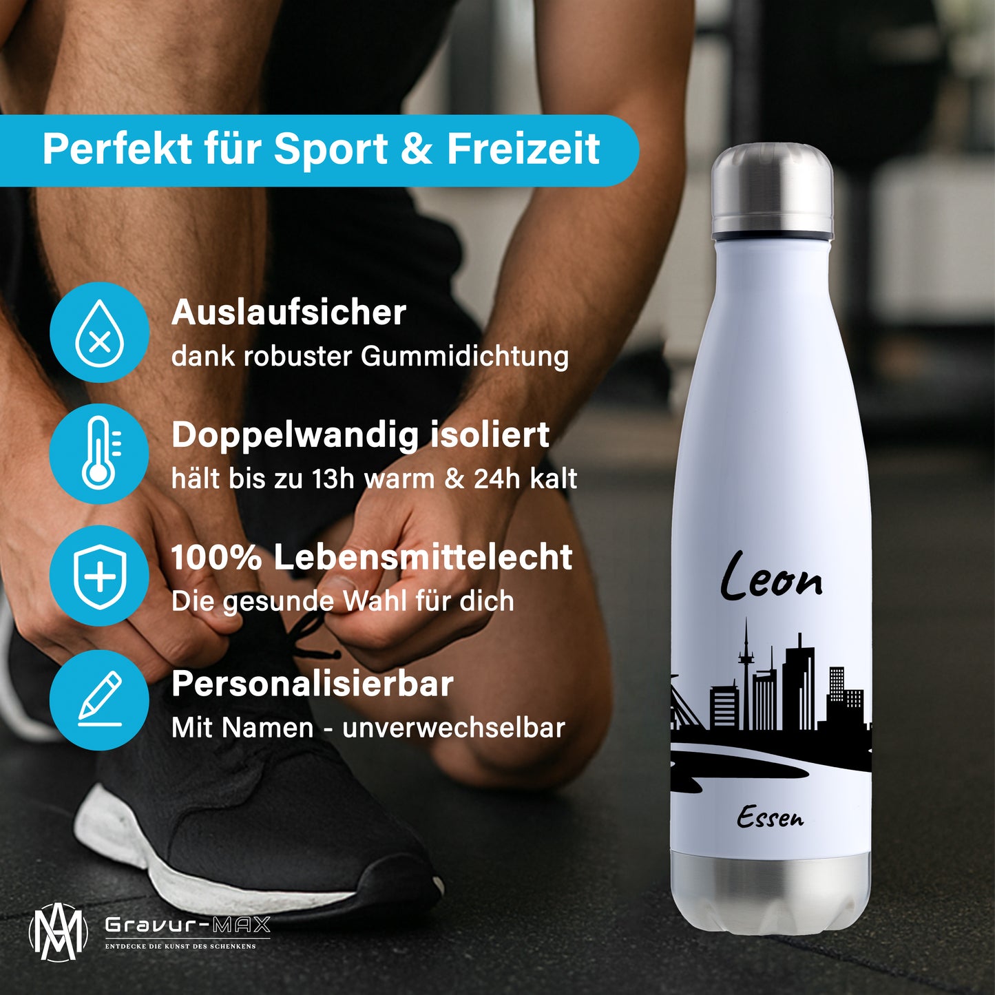 Trinkflasche in Weiß/Silber 500ml aus Edelstahl bedruckt mit der Skyline von Essen personalisierbar mit Wunschname