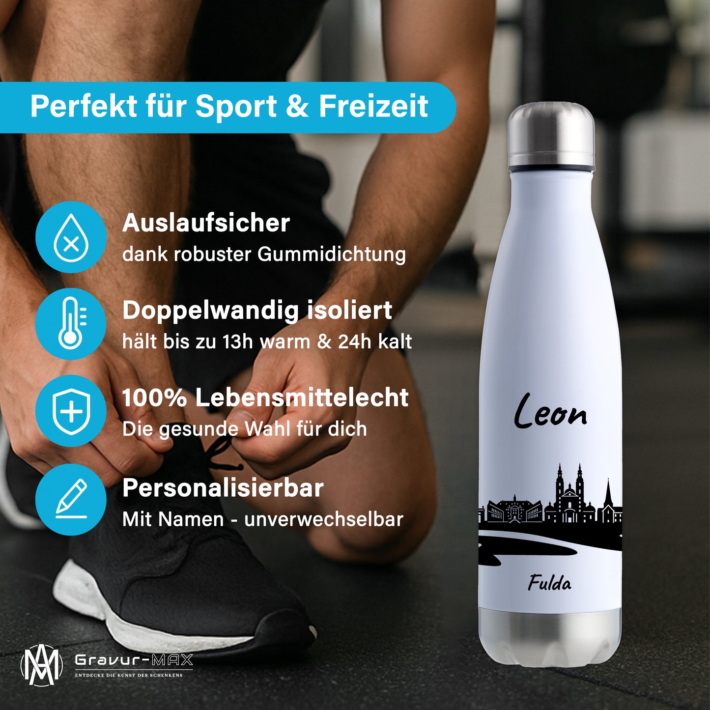Trinkflasche in Weiß/Silber 500ml aus Edelstahl bedruckt mit der Skyline von Fulda personalisierbar mit Wunschname