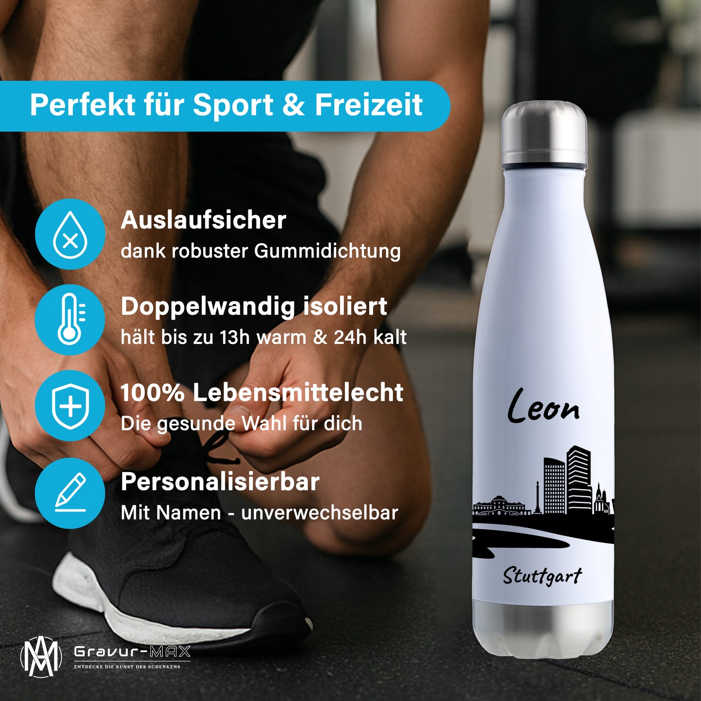 Trinkflasche in Weiß/Silber 500ml aus Edelstahl bedruckt mit der Skyline von Stuttgart personalisierbar mit Wunschname