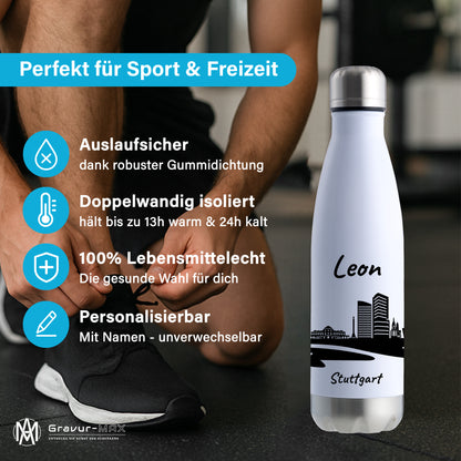 Trinkflasche in Weiß/Silber 500ml aus Edelstahl bedruckt mit der Skyline von Stuttgart personalisierbar mit Wunschname