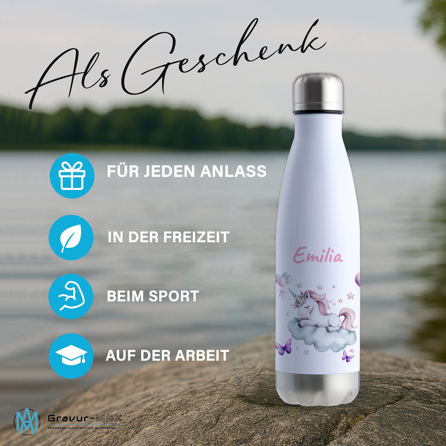 Thermoflasche 500ml in Weiß/Silber bedruckt mit tollen Motiven für Kinder "Einhorn Wolke" personalisierbar mit Wunschname
