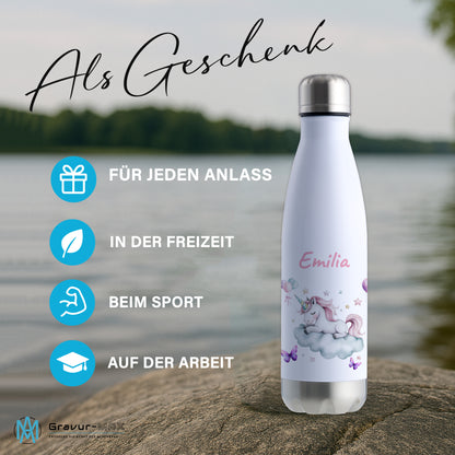 Thermoflasche 500ml in Weiß/Silber bedruckt mit tollen Motiven für Kinder "Einhorn Wolke" personalisierbar mit Wunschname