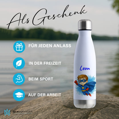 Thermoflasche 500ml in Weiß/Silber bedruckt mit tollen Motiven für Kinder "Superheld" personalisierbar mit Wunschname