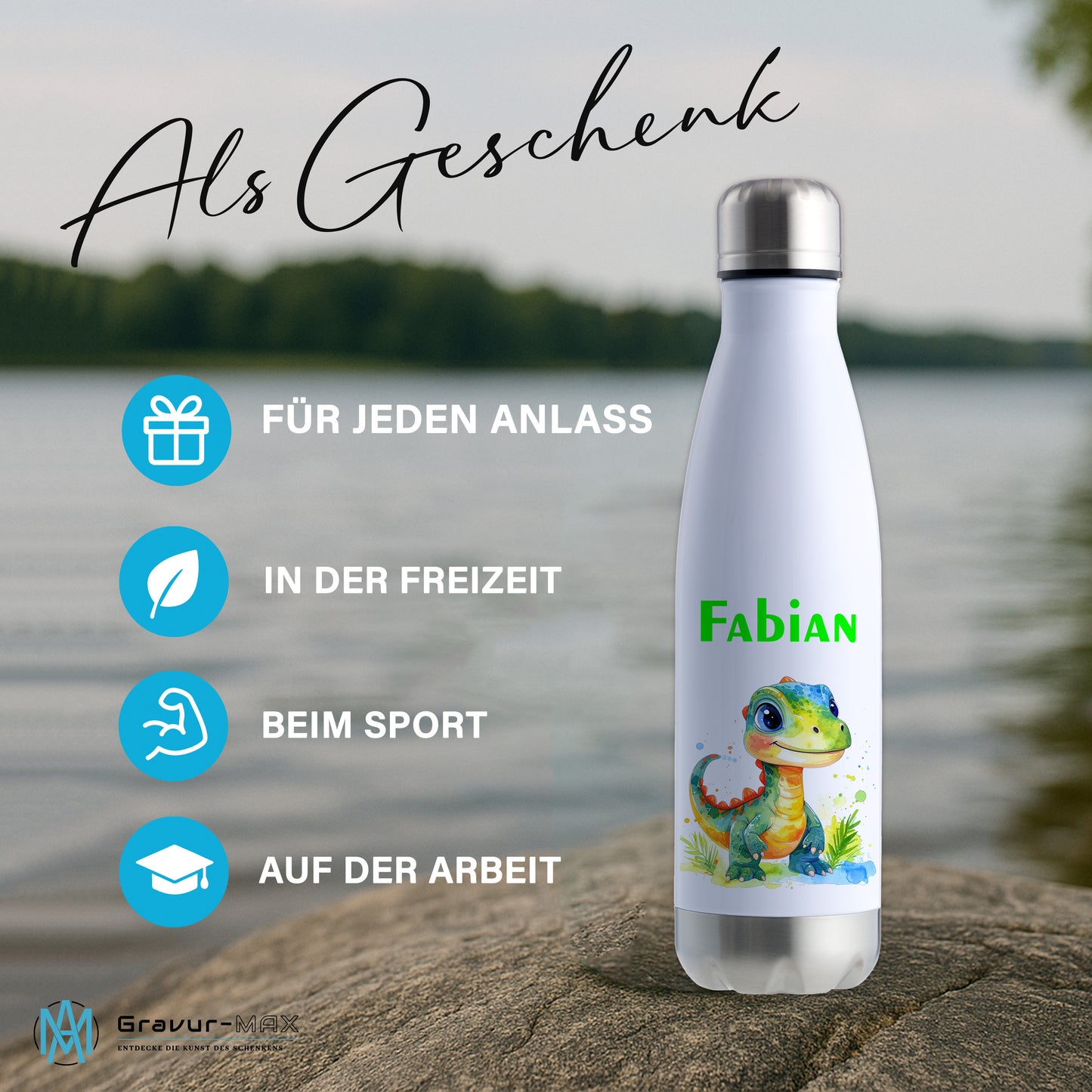 Thermoflasche 500ml in Weiß/Silber bedruckt mit tollen Motiven für Kinder "Dino Kinder" personalisierbar mit Wunschname