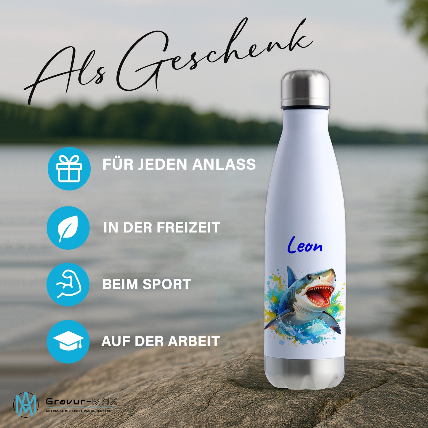 Thermoflasche 500ml in Weiß/Silber bedruckt mit tollen Motiven für Kinder "Hai" personalisierbar mit Wunschname