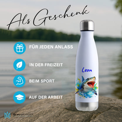 Thermoflasche 500ml in Weiß/Silber bedruckt mit tollen Motiven für Kinder "Hai" personalisierbar mit Wunschname