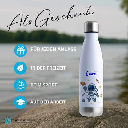 Thermoflasche 500ml in Weiß/Silber bedruckt mit tollen Motiven für Kinder "Astronaut" personalisierbar mit Wunschname