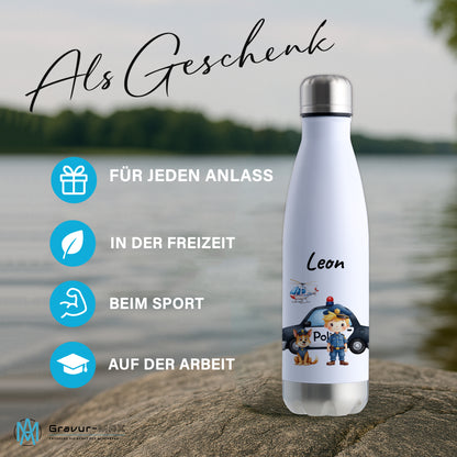 Thermoflasche 500ml in Weiß/Silber bedruckt mit tollen Motiven für Kinder "Polizei" personalisierbar mit Wunschname
