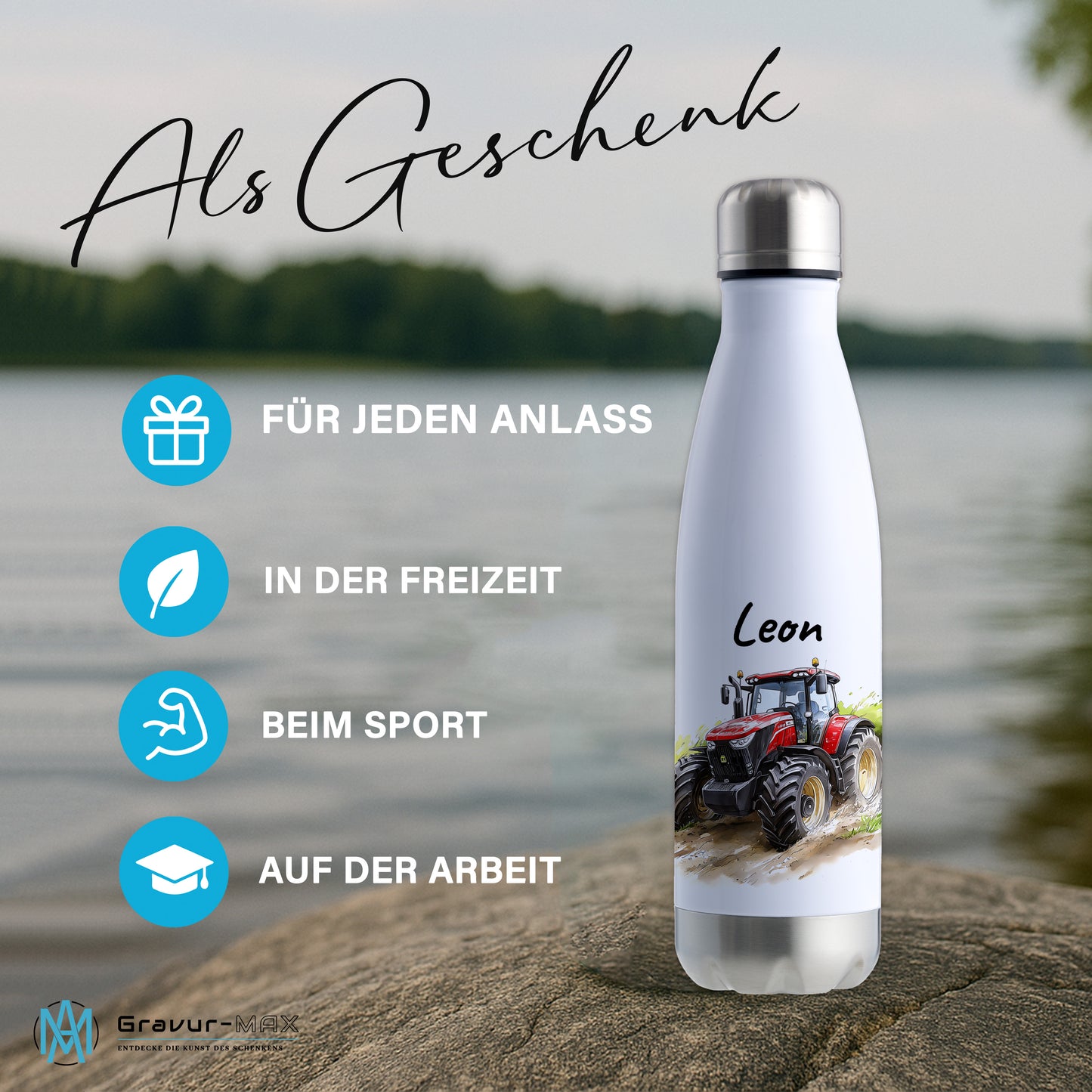 Thermoflasche 500ml in Weiß/Silber bedruckt mit tollen Motiven für Kinder "Traktor" personalisierbar mit Wunschname