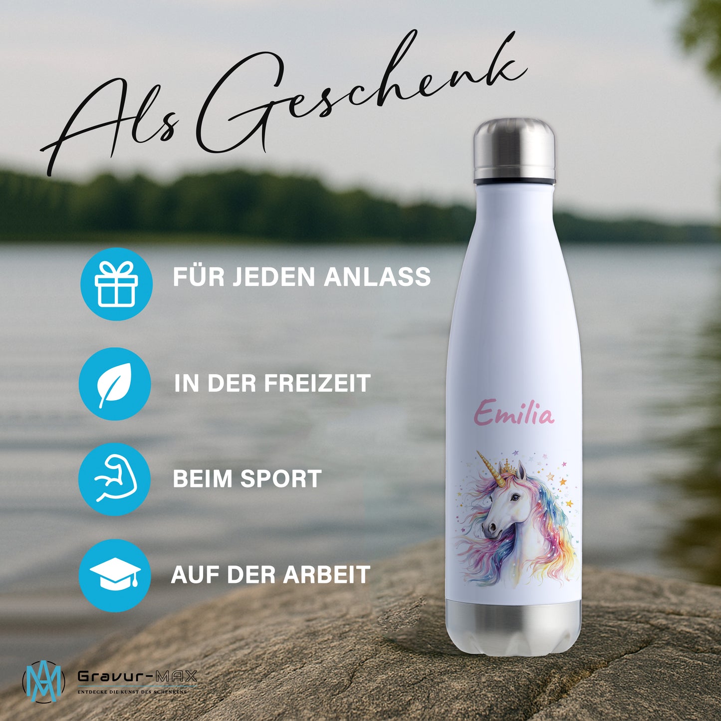 Thermoflasche 500ml in Weiß/Silber bedruckt mit tollen Motiven für Kinder "Einhorn" personalisierbar mit Wunschname