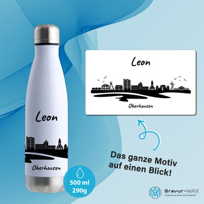 Trinkflasche in Weiß/Silber 500ml aus Edelstahl bedruckt mit der Skyline von Oberhausen personalisierbar mit Wunschname