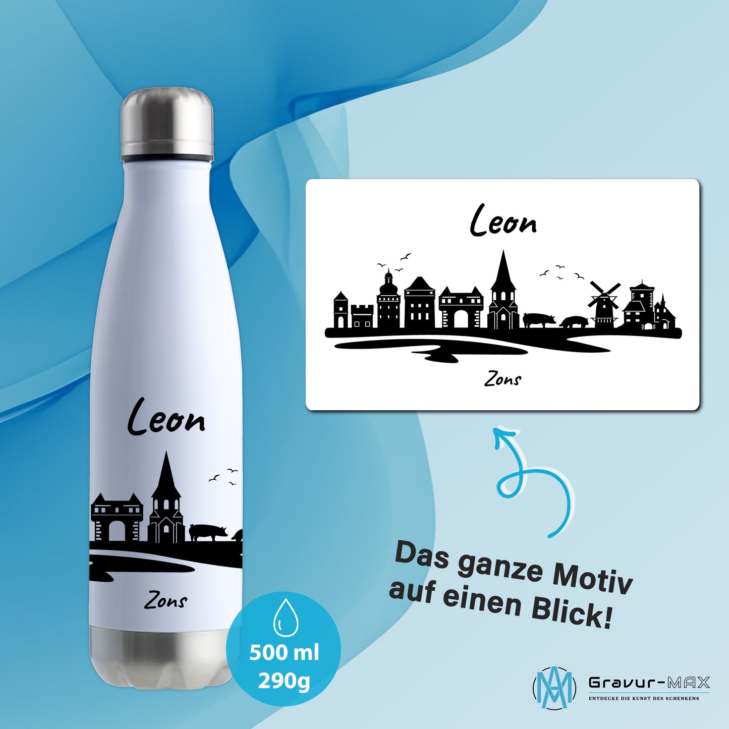 Trinkflasche in Weiß/Silber 500ml aus Edelstahl bedruckt mit der Skyline von Zons (Dormagen) personalisierbar mit Wunschname