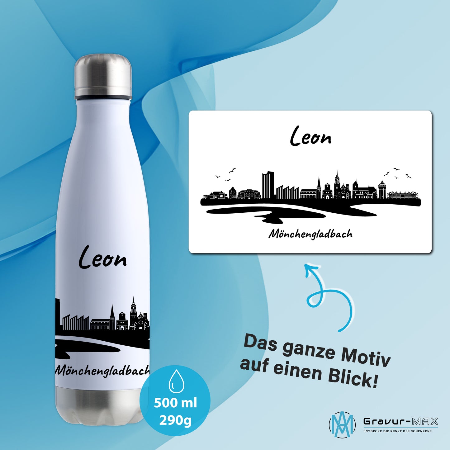 Trinkflasche in Weiß/Silber 500ml aus Edelstahl bedruckt mit der Skyline von Mönchengladbach personalisierbar mit Wunschname
