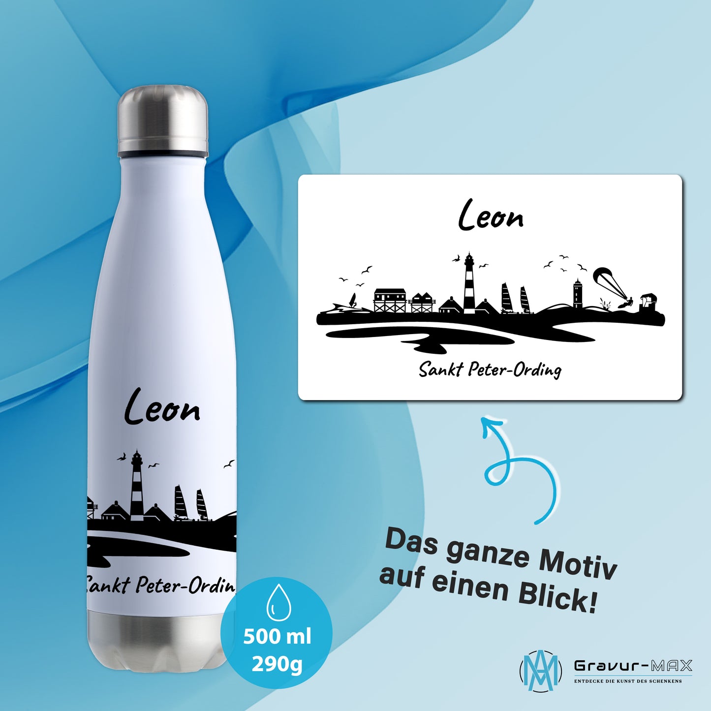 Trinkflasche in Weiß/Silber 500ml aus Edelstahl bedruckt mit der Skyline von Sankt Peter-Ording personalisierbar mit Wunschname