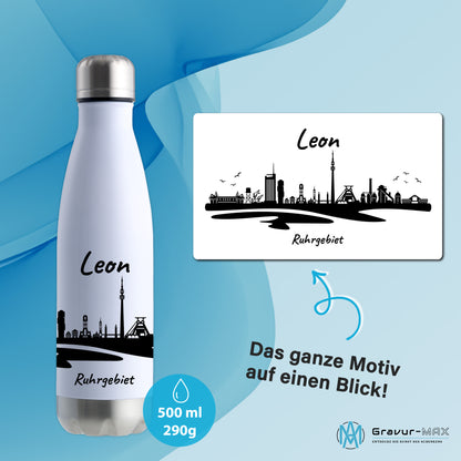 Trinkflasche in Weiß/Silber 500ml aus Edelstahl bedruckt mit der Skyline von Ruhrgebiet personalisierbar mit Wunschname