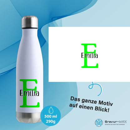 Thermoflasche 500ml aus Edelstahl in Weiß/Silber personalisierbar mit Wunschname auslaufsichere Trinkflasche