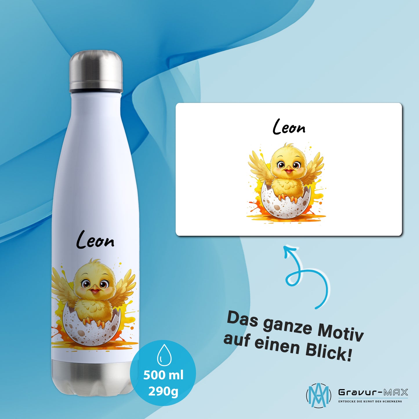 Trinkflasche in Weiß/Silber 500ml aus Edelstahl bedruckt mit niedlichen Tieren "Küken" personalisierbar für Kinder mit Wunschname