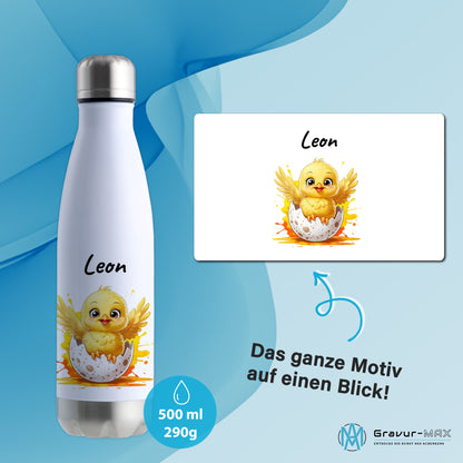 Trinkflasche in Weiß/Silber 500ml aus Edelstahl bedruckt mit niedlichen Tieren "Küken" personalisierbar für Kinder mit Wunschname
