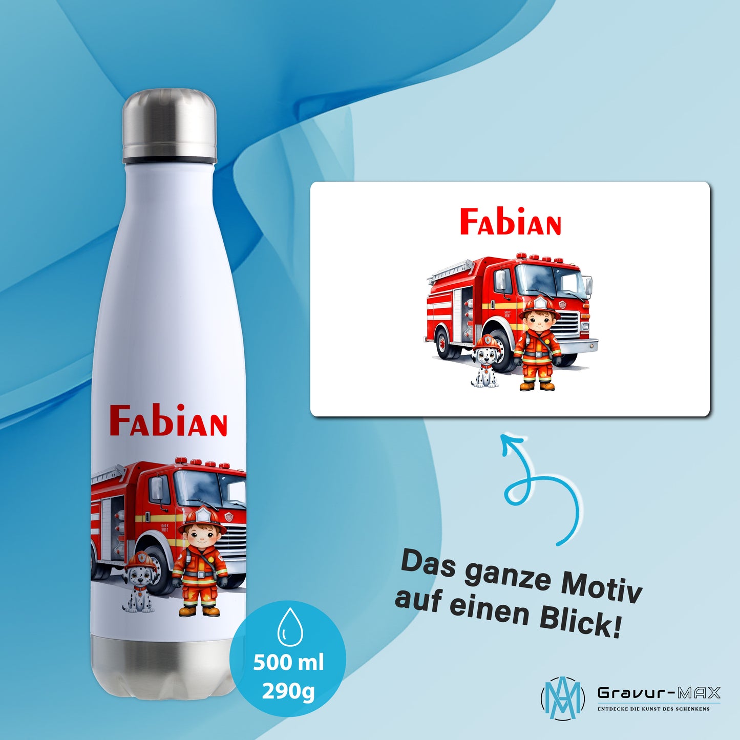 Thermoflasche 500ml in Weiß/Silber bedruckt mit tollen Motiven für Kinder "Feuerwehr" personalisierbar mit Wunschname