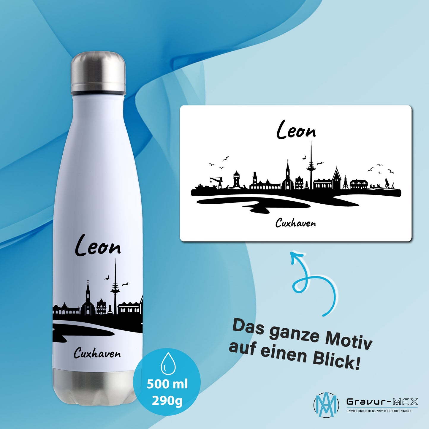 Trinkflasche in Weiß/Silber 500ml aus Edelstahl bedruckt mit der Skyline von Cuxhaven personalisierbar mit Wunschname