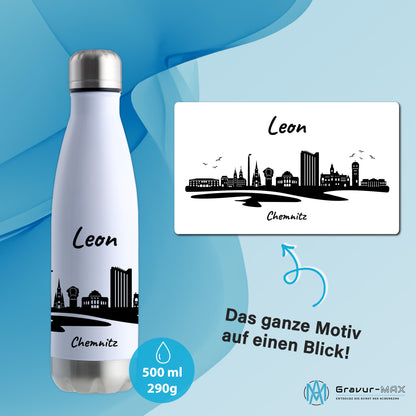 Trinkflasche in Weiß/Silber 500ml aus Edelstahl bedruckt mit der Skyline von Chemnitz personalisierbar mit Wunschname