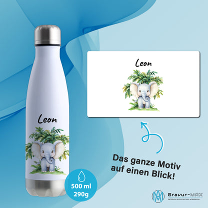 Trinkflasche in Weiß/Silber 500ml aus Edelstahl bedruckt mit Dschungel Tieren"Elefant" personalisierbar für Kinder mit Wunschname